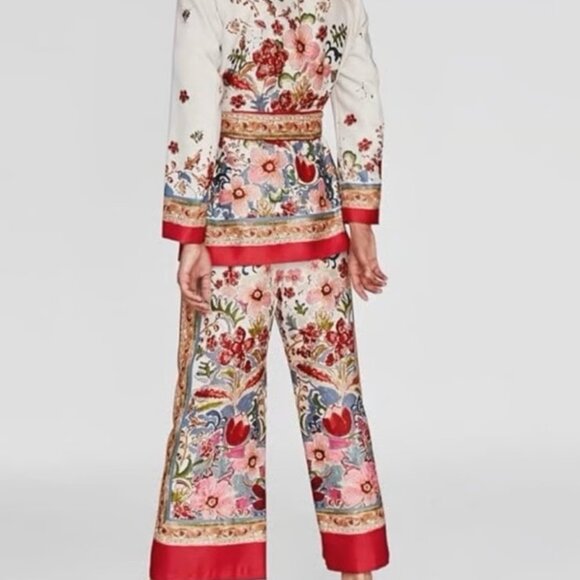 ZARA New Woman Ecru Printed 2-Piece Set – Floral Belted Blazer & Wide-Leg Pants - Picture 10 of 11